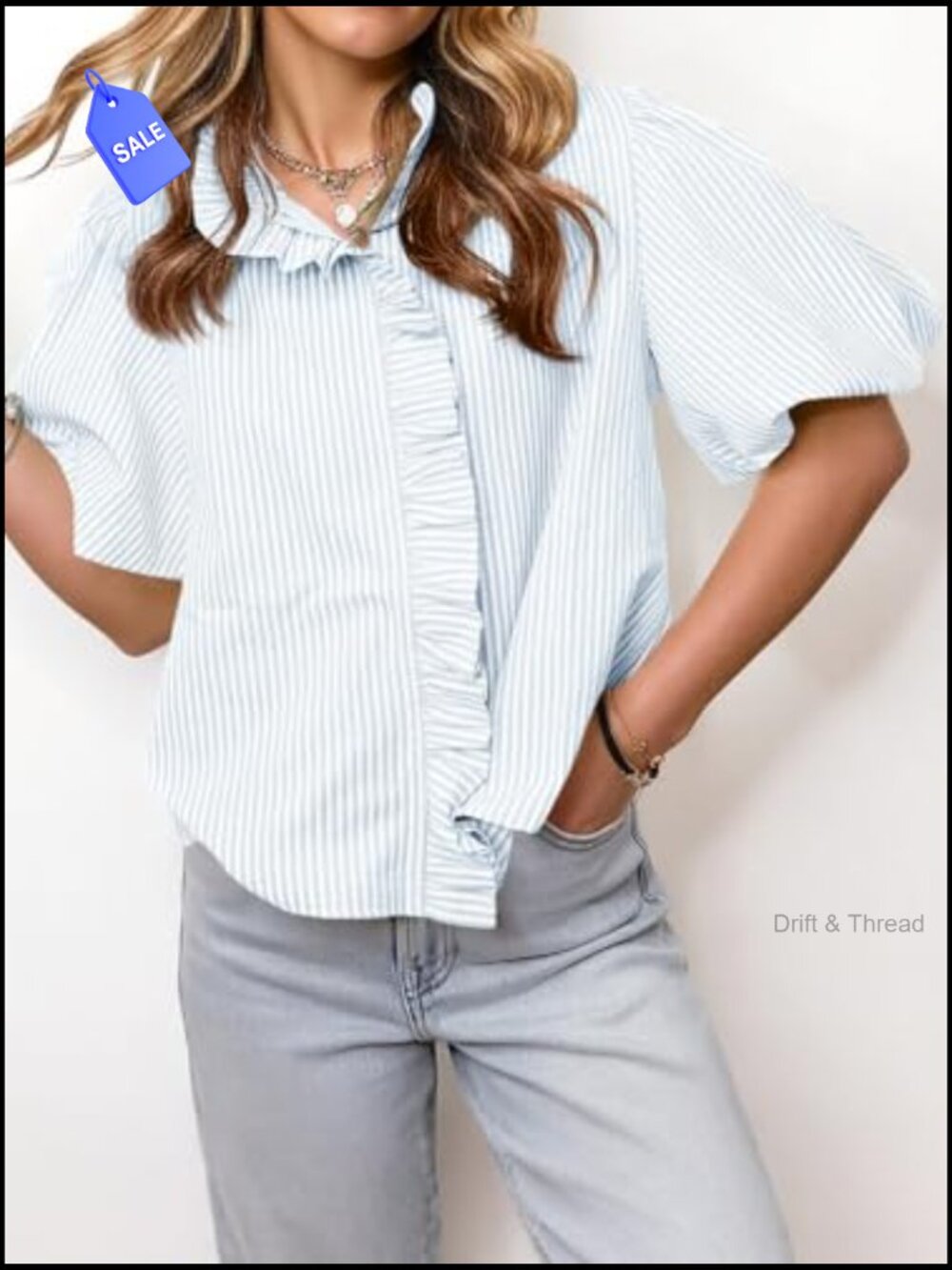 Short Puff Sleeve Button Down Shirt Ruffle Stand Collar Striped Blouse Work Top - Picture 3 of 7